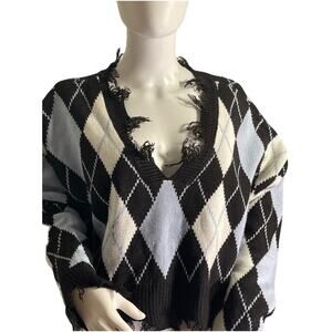 Just Polly Junior nit Argyle Knit Crop Sweater Distressed Fringe L